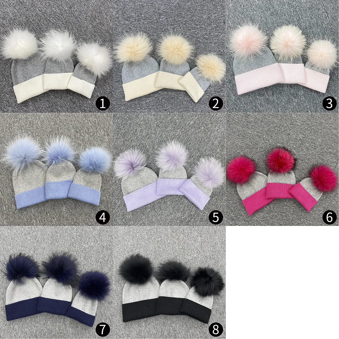 MISSJANEFUR Knitted Hats for Kids, Baby Angora Cashmere Cap for Girls and Boys, Real Fur Pom Pom Beanie, Home and Outdoor