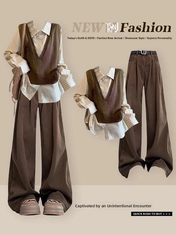 

Корейский вязаный комплект для повседневной носки: зимний полосатый топ и широкие брюки, модный женский комплект-двойка