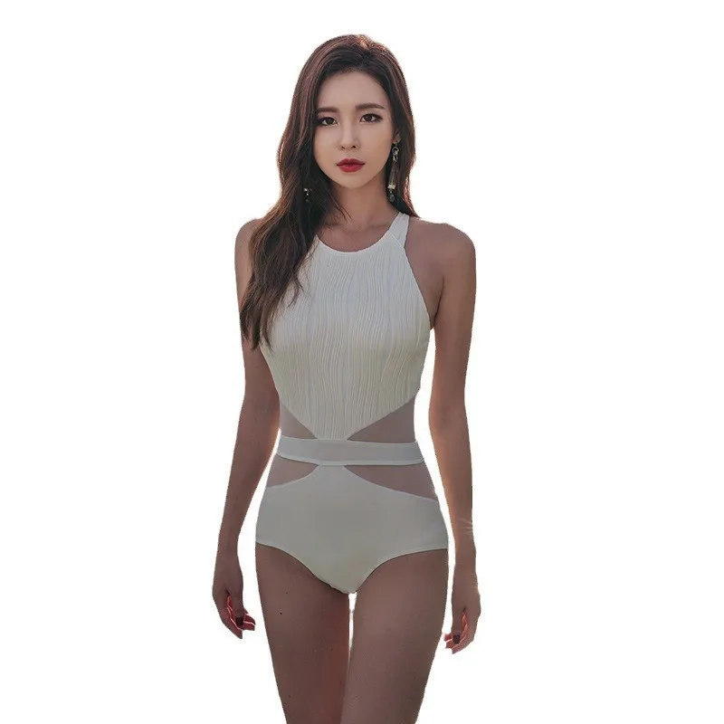 One Piece Swimsuit Women Halter High Neck Textured Fabric Cross Mesh Cutout U Back Bathing Suit