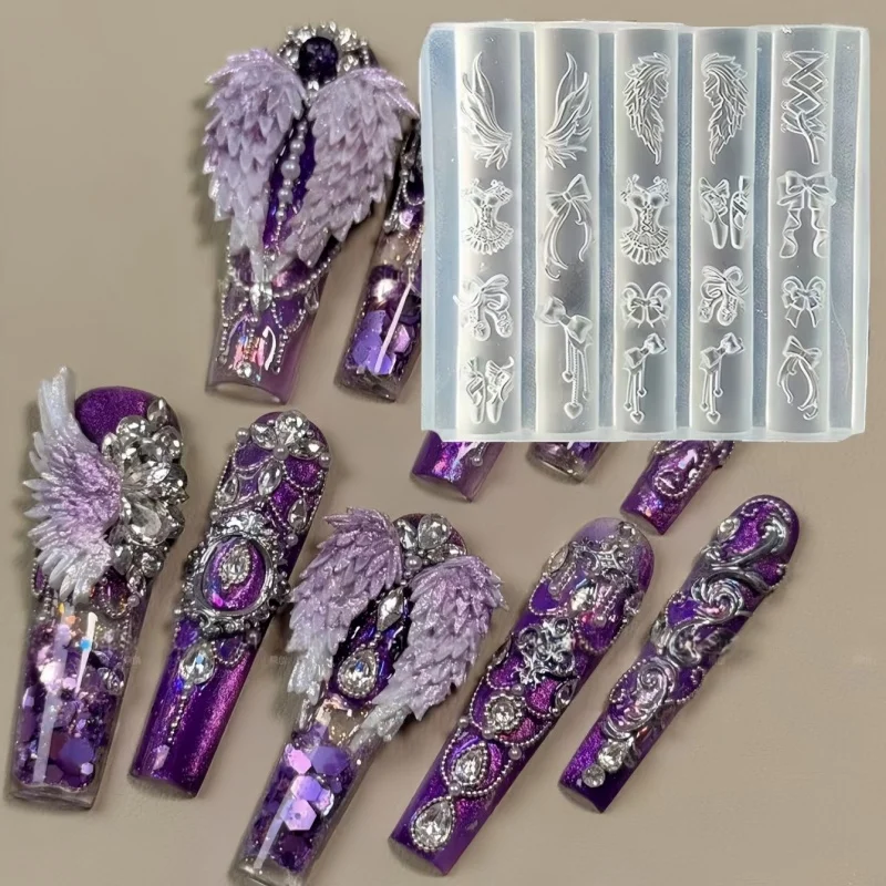 

1 Pc Cute Silicone Nail Art Original Mold Wings Ballet Bowknot Cherry Creative 3D Nail Decoration Transparent Template Mold