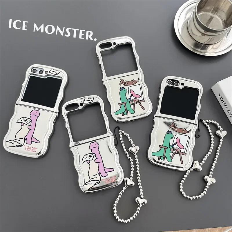 

Cartoon Dinosaur Silver Phone Case for Samsung Galaxy Z Flip 6 5 4 3 Protective Back Cover for ZFlip4 ZFlip5 ZFlip6 Case Shell