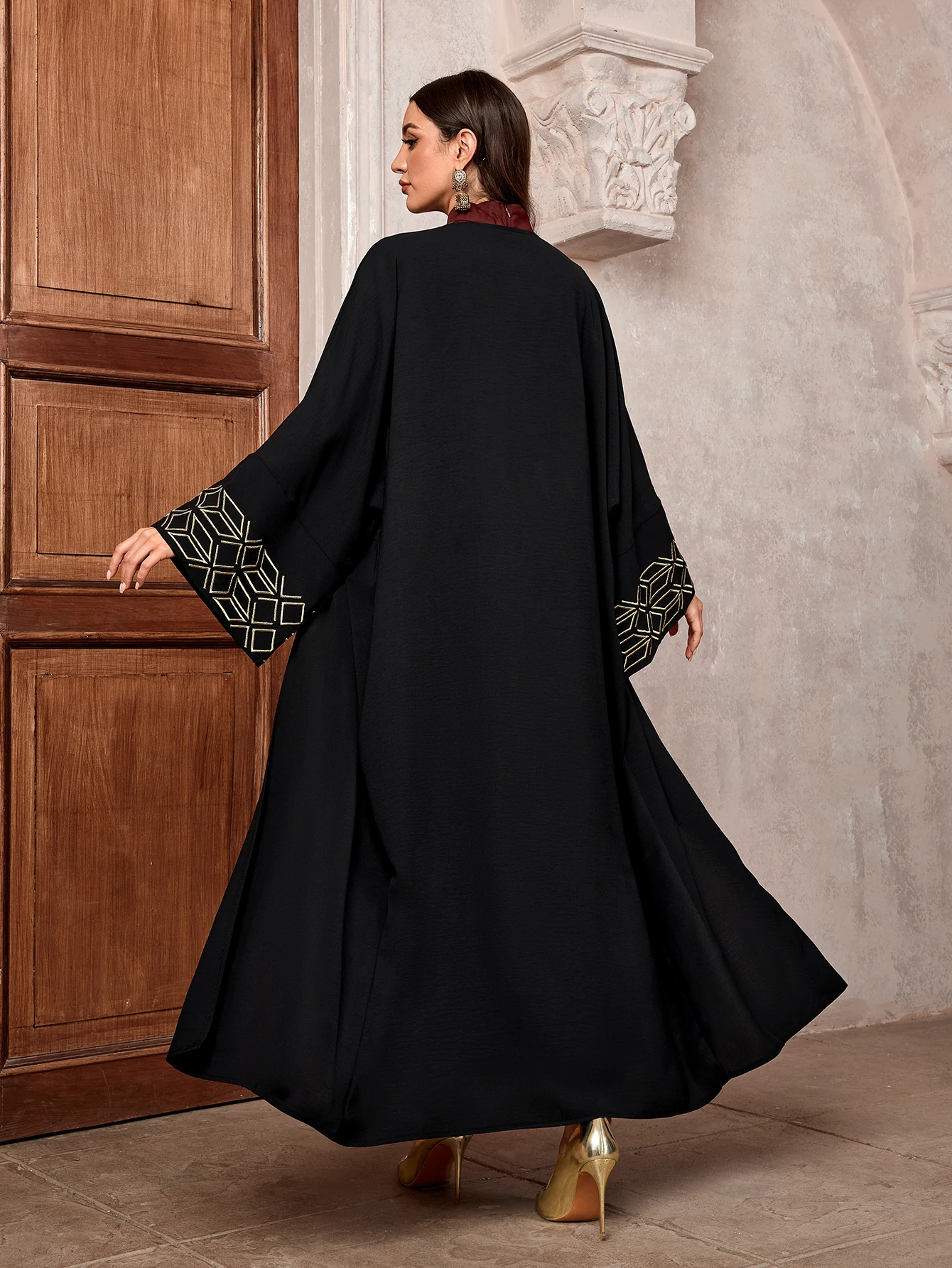 Muslim Womens Black Abaya with Geometric Embroidery on Sleeves Stylish for Islamic Modest Fashion in Daily and Formal Occasions