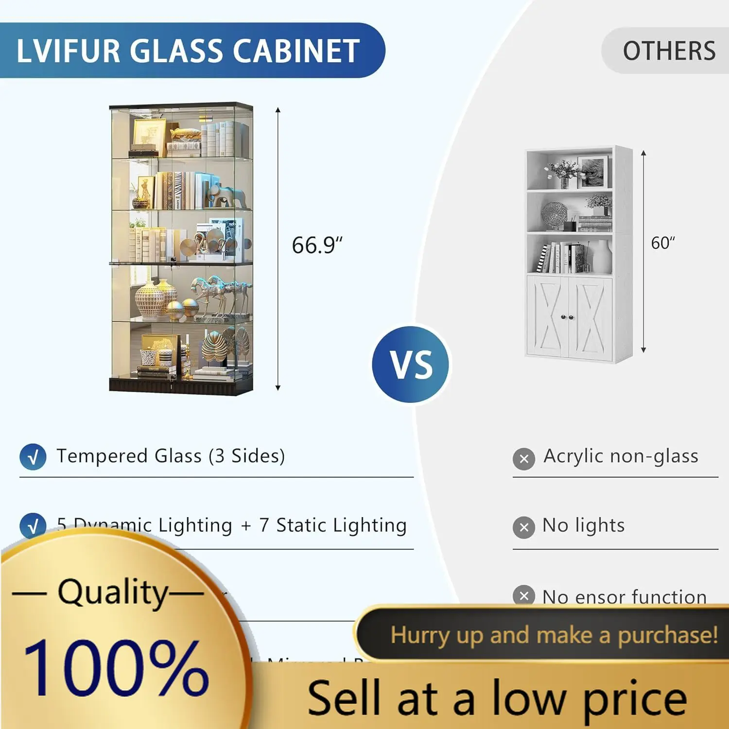 Glass Display Cabinet with RGB Lights - 5-Tiers Curio Cabinet Display Case with Lock, Frameless Display Shelf for Collectibles &