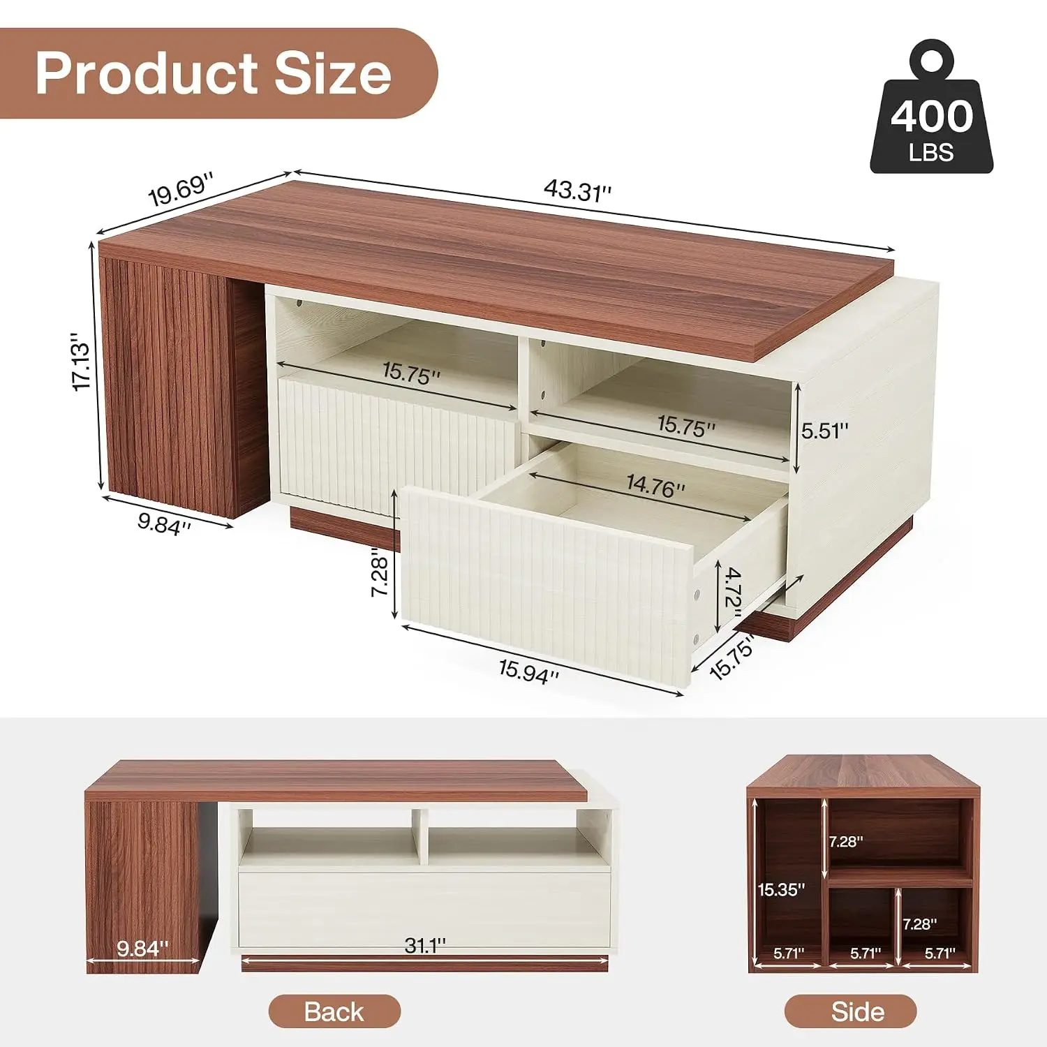 Extendable Coffee Table with 2 Drawers & Adjustable Top, Reversible Shelf Large Center Table 43