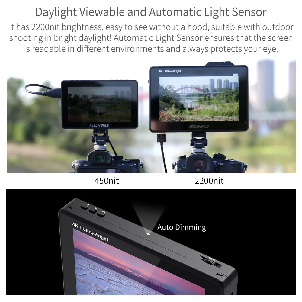 Feelworld جديد LUT7S PRO 7 بوصة 2200nits DSLR كاميرا مراقبة ميدانية فائقة السطوع ثلاثية الأبعاد LUT شاشة تعمل باللمس 4K HDMI 3G-SDI مدخلات الإخراج
