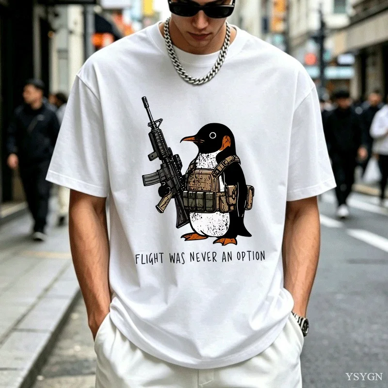 Funny Tactical Penguin Printed T Shirt Cotton Flight Was Never An Option Tee Funny Military Animal T-Shirt Cotton Loose Clothes