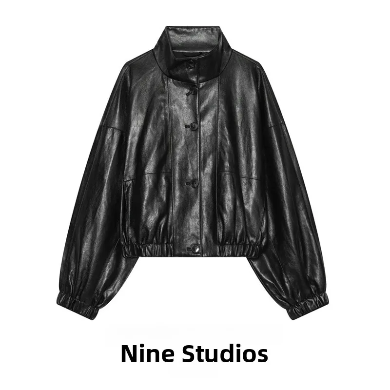 Loose Pure Color Coat Jacket PU Leather Simulation Leather Chimney Collar Short Sleeve Long Sleeve Women's Winter Fashion
