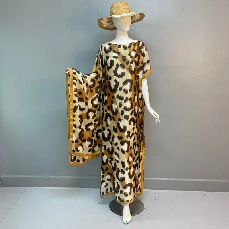 

Summer New Fashion African Dresses For Women Elegant Printed Silk Muslim Lady Long Hijab Kaftan Dress Oversize Kuwait Abaya