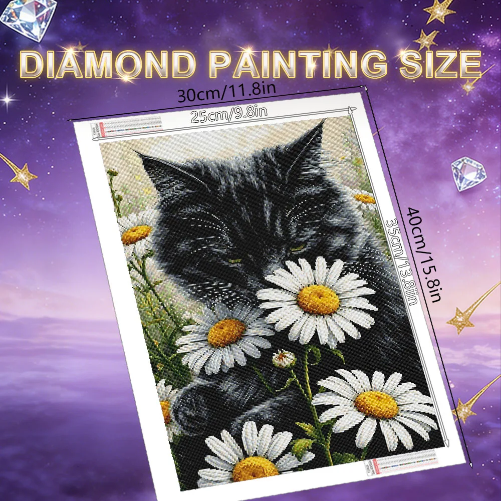 HUACAN Diamond Painting Cat Animal Black Full Kits Diamond Mosaic Daisy Flower Handicrafts Art Wall Decor Full Kits Rhinestones