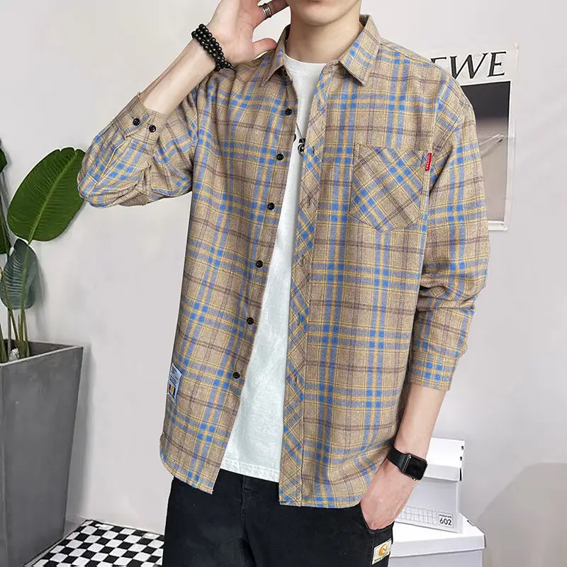 Men\'s Shirt and Blouse Long Sleeve Male Top with Pocket Plaid Cheap Brand Button Original Luxury Social Aesthetic Collar Clothes