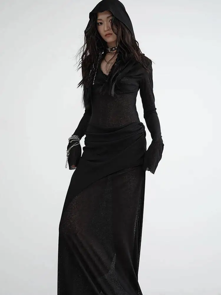 

Perspective Women Black Thin Long Elegant Knitting Dress New Hooded Long Sleeve Fashion Spring Autumn 2026 1DPK