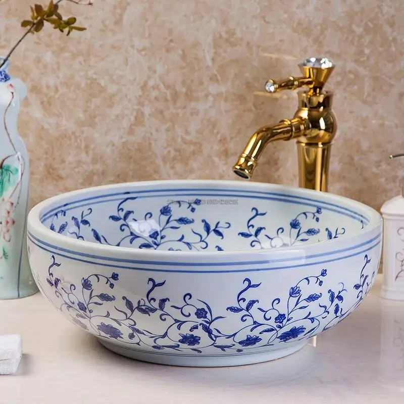 Wash Basin Classical Blue and White Round Above Counter Basin Hand-painted Craft Blue and White Ceramic Bathroom