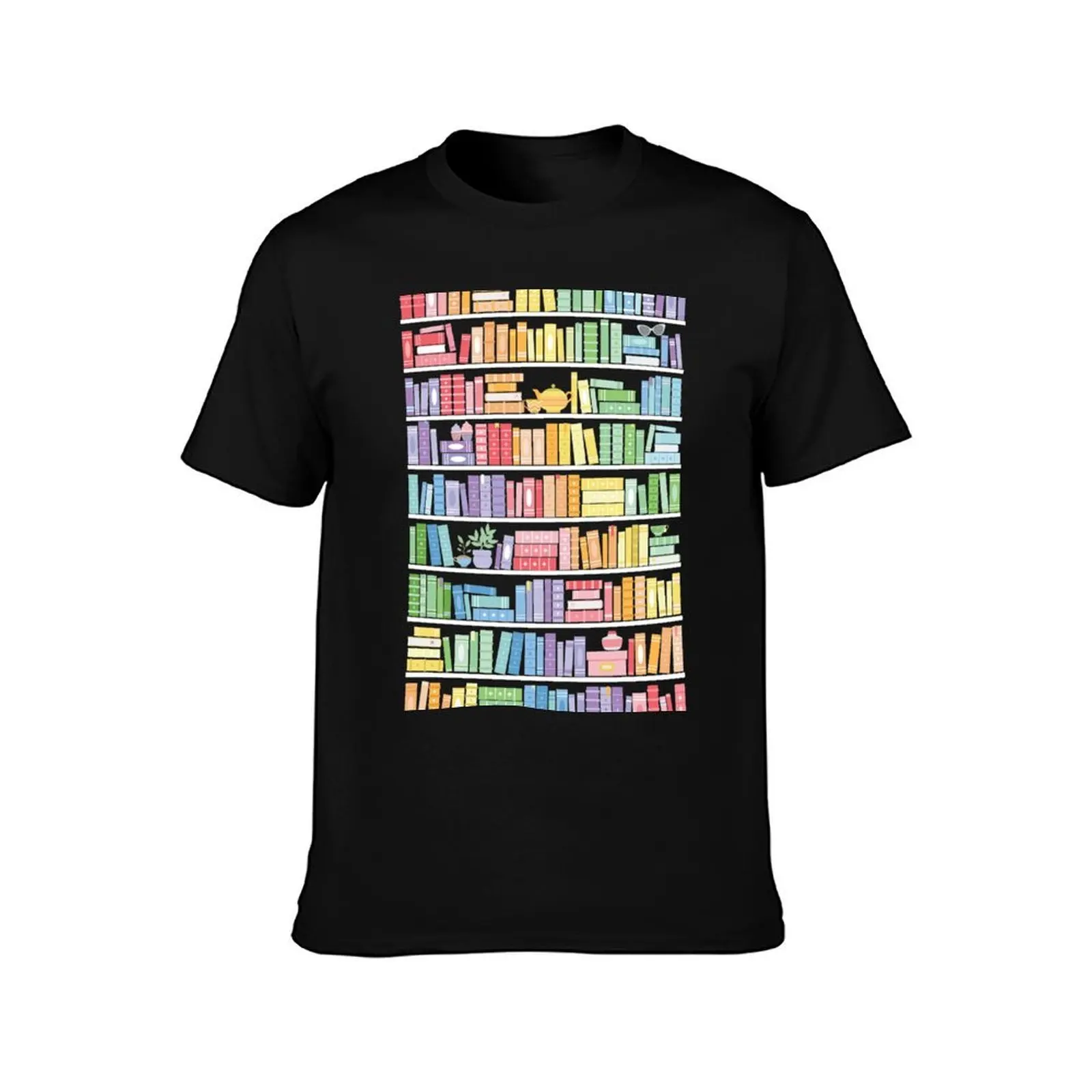 Rainbow Books Shelf Pattern (Black Background) T-Shirt t shirts for man slim fit T-Shirt