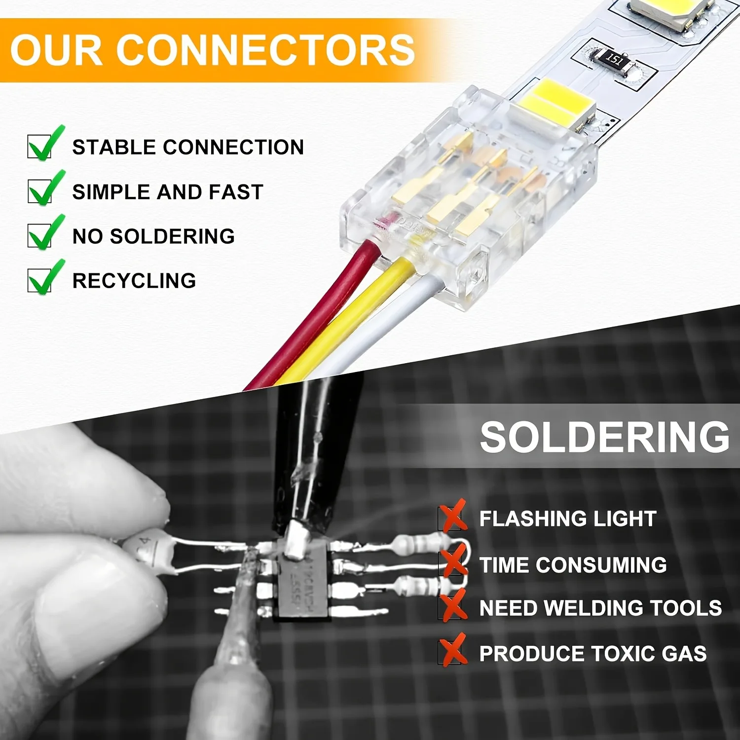 Solderless Buckle COB LED Wire Connector 8/10mm 2/3Pin For FCOB RGB CCT LED Strip Lights Quick Connection With Wire Easy Install