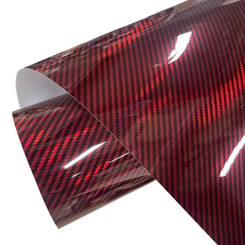 Premium PET Laser Holographic Red Carbon Fiber Vinyl Wrap Film Rolle Selbstklebende Aufkleber Aufkleber Automotive Car Wrapping Folie