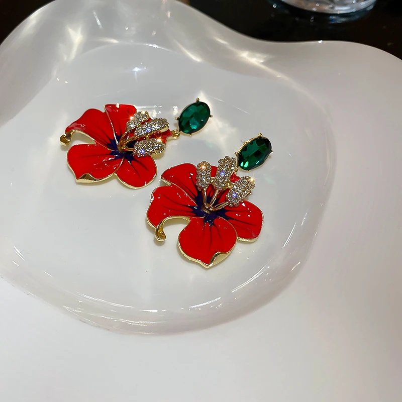 Koreaanse Stijl Oranje Emaille Bloemen Oorbellen Voor Vrouwen Meisjes Groene Kristallen Bengelen Oorbellen Feest Sieraden