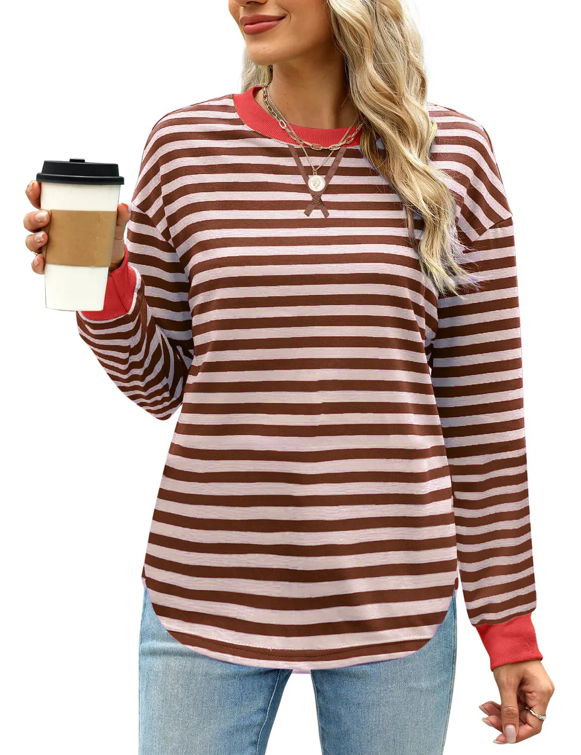 

Women's Striped Sweatshirt Color Block Crew Neck Long Sleeve Top Casual Loose Fit Pullover with Contrast Cuffs Multiple Color