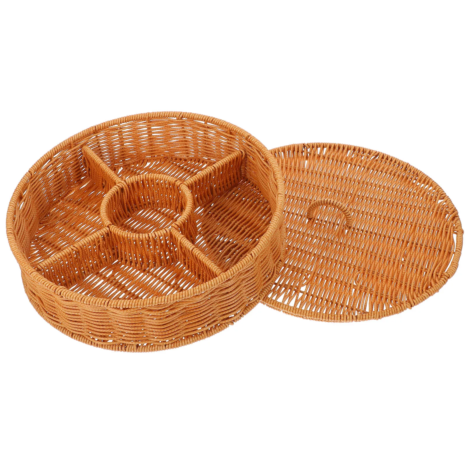 

2PCS Large Light Brown Round Woven Storage Basket Lid Multicompartment Snacks Fruits Candies ganizer Home Decoration for Kitchen