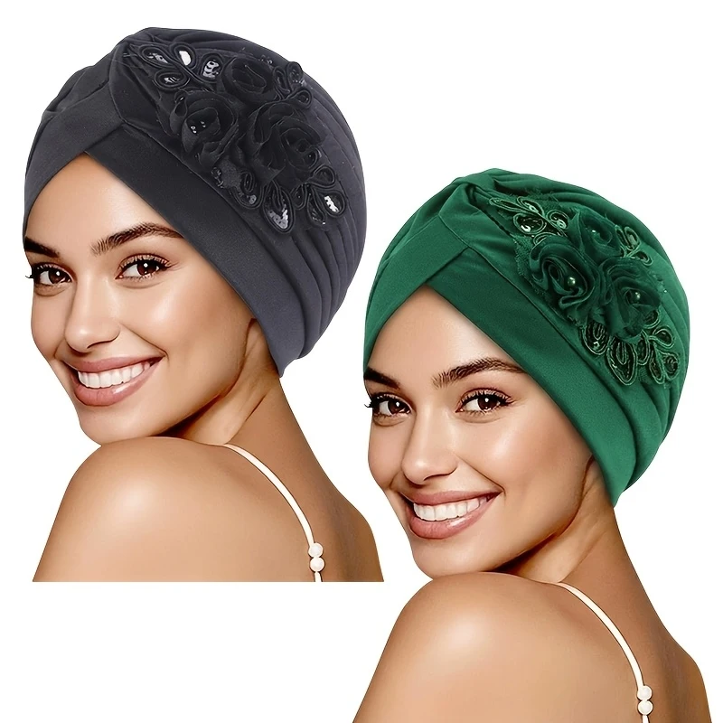 2pcs Set Sequin Flower Pleated Turban Hat Ethnic Headwrap Indian Hat Fashion Solid Color Street Snap Cap Elastic Boho Headgear