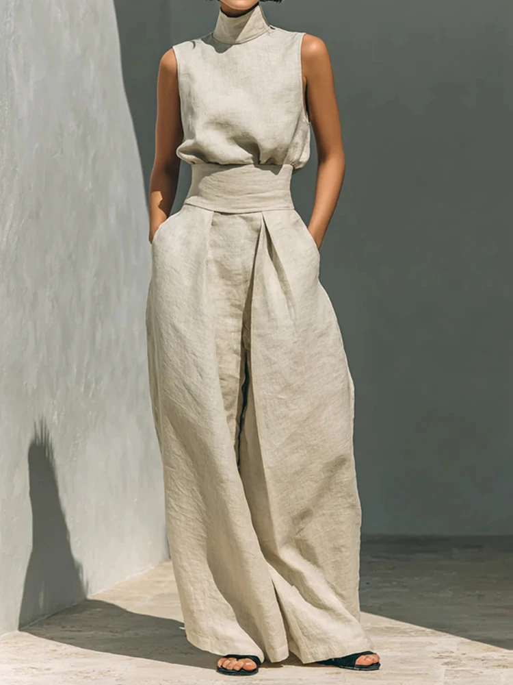 

Casual Sleeveless Pocket Outfits Fashion Turtleneck Pullover Top & Pant Summer Sets Women's Elegant Cotton Linen Solid 2Pc Suit