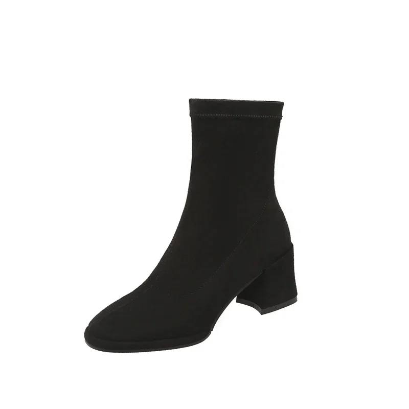 

2026 новые осенне-зимние женские ботильоны 22-24,5 см, эластичные фланелевые узкие ботинки на толстом высоком каблуке с квадратным носком, модные короткие сапоги