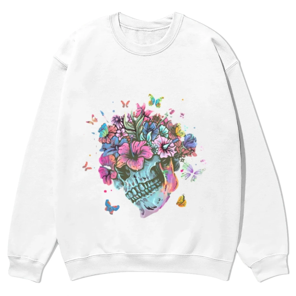 Colorful Skull Print Pattern Ladies Hoodless Sweatshirt High Quality Cotton Long Sleeve Pullover 2024 Casual Street Design