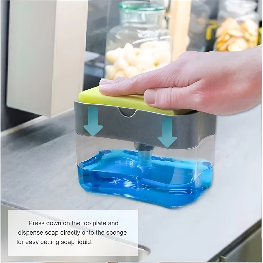 Portable Detergent Dispenser Set for Kitchen Dish Soap Box with Sponge Holder Hand Press Liquid Dispensing Kitchen Tools