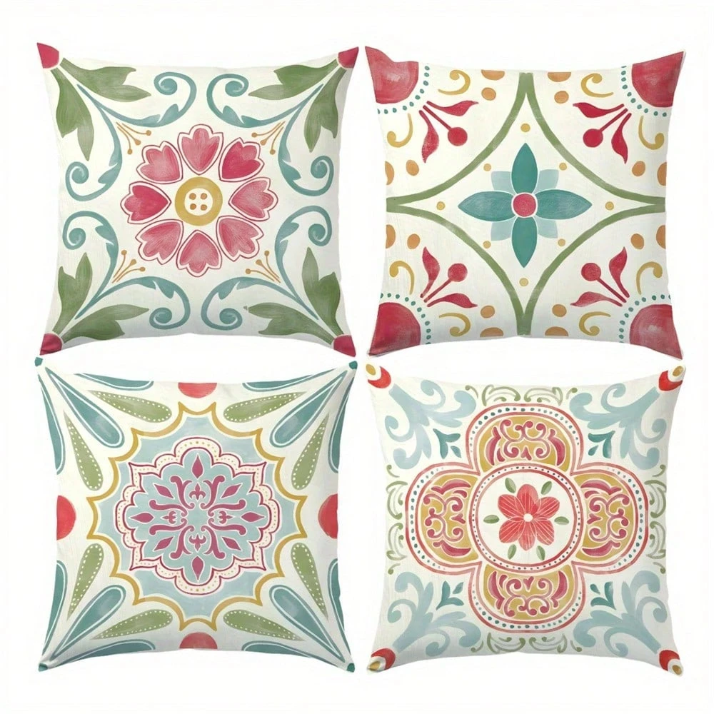 Geometrischer Kissenbezug mit Boho-Blumenmuster |   Aquarell-Mehrfarben-Reißverschluss für Wohnzimmer, Schlafzimmer, Sofa (kein Einsatz)