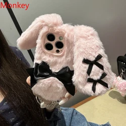 Cute Bow Fluffy Hairy Rabbit Ears Doll Animal Phone Cases For iPhone 17 16 15 Plus 14 13 12 11 Pro Max Soft Warm Plush Fur Cover