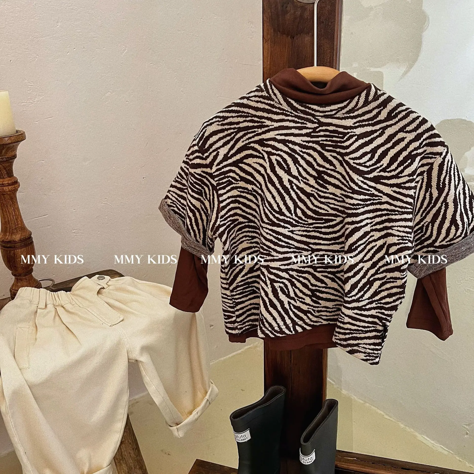 Three-quarter sleeve T-shirt Zebra-patterned knitted top boys grils children spring autumn new korean loose casual