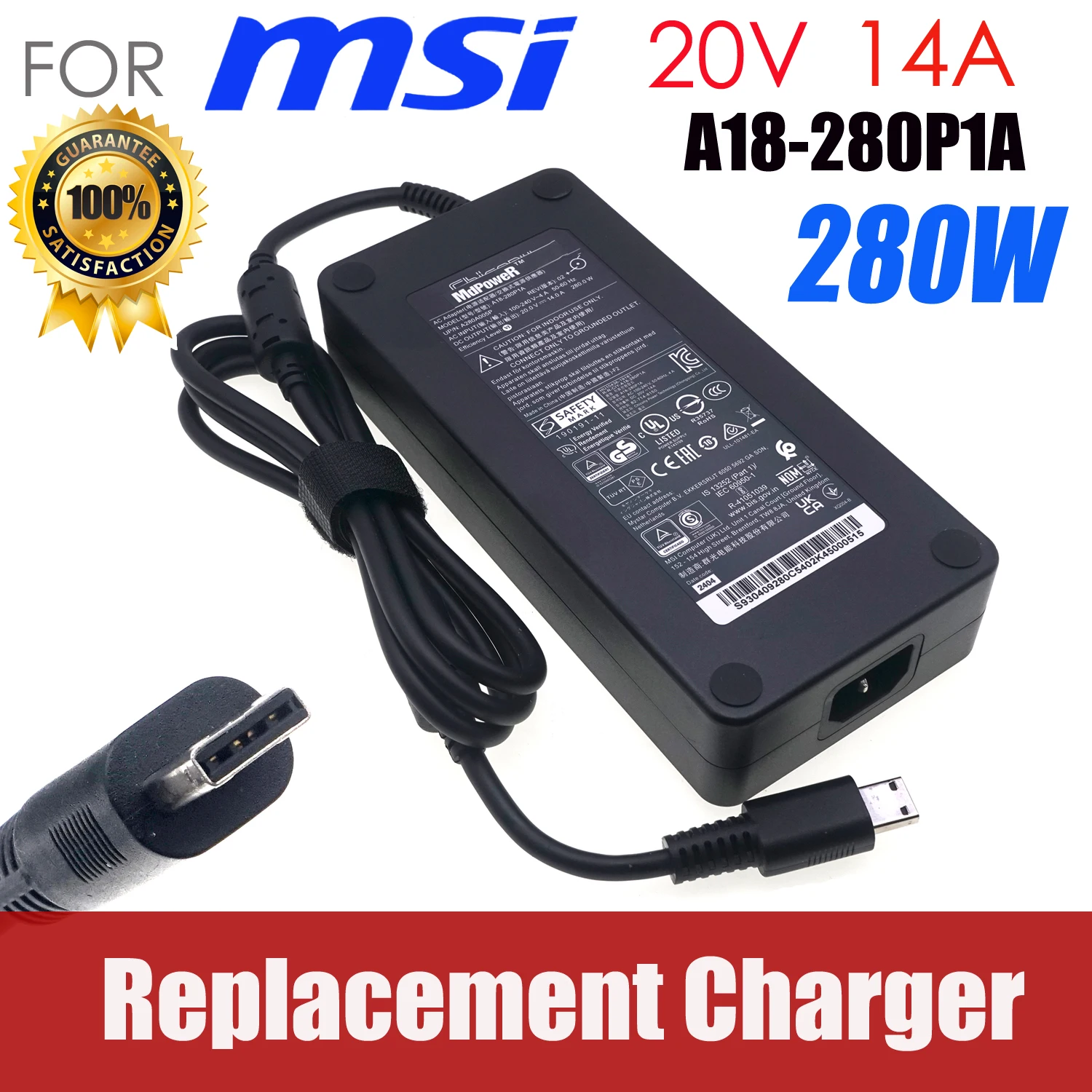 Replacement Chicony 20V 14A 280W AC Power Supply Adapter For MSI GF76 Raider 10UH GE66 GP66 Laptop Charger A18-280P1A A280A005P