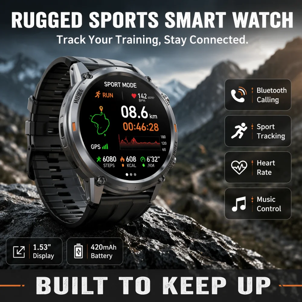 

GEJIAN New 1.53 "HD Bluetooth Call Outdoor Smart Watch with Heart Rate Health Monitoring IP68 Waterproof Men's Sports Smartwatch