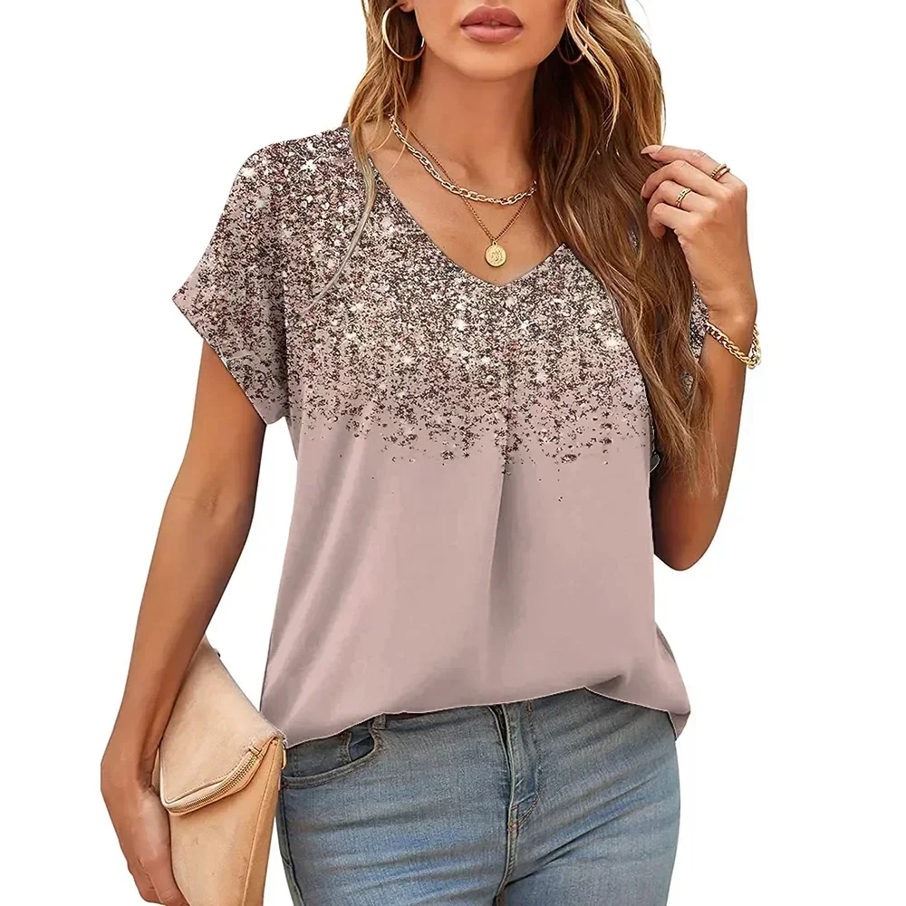 Luxury Star Print T Shirt For Women Fashion V Neck Ladies Short Sleeve Oversized Tops Summer Casual Blouse Female Designer Tees