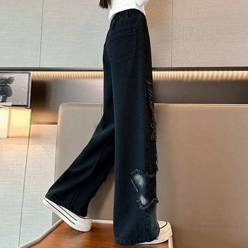 Girls Denim Pants Kids Washed Black Tie-Dye Butterfly Patchwork Trousers Children Spring Autumn Straight-Leg Wide-Leg Jeans