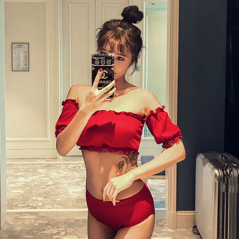 

Сексуальный раздельный женский купальник-бикини с одним плечом, топ-бандо, с защитой от солнца, треугольный, с косточками