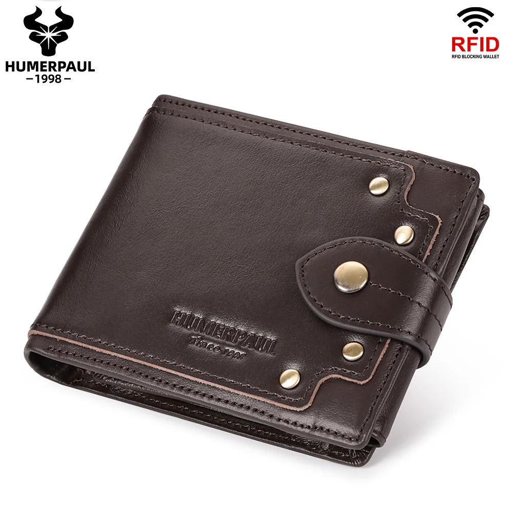 HUMERPAUL Cowhide Wallet for Men with Coin Pocket RFID Trifold Card Holder Organize Purse Vintage Male Money Bags ID Window