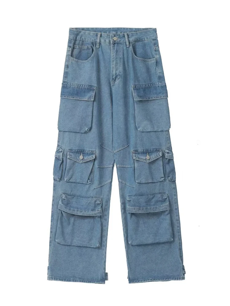 Damen Baggy Wide Leg Jeans Multi-Pocket Design Cargo hose Mode Herbst Harajuku Y2k Streetwear gewaschen Blue Jeans