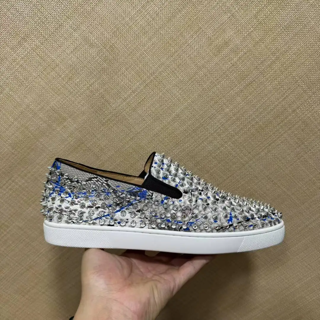 Men Luxury Blue Snake Block Spiked Sneakers  Silver Rivets Slip On Patchwork Daily Streetwear Red Bottom Flat Footwear Shoes
