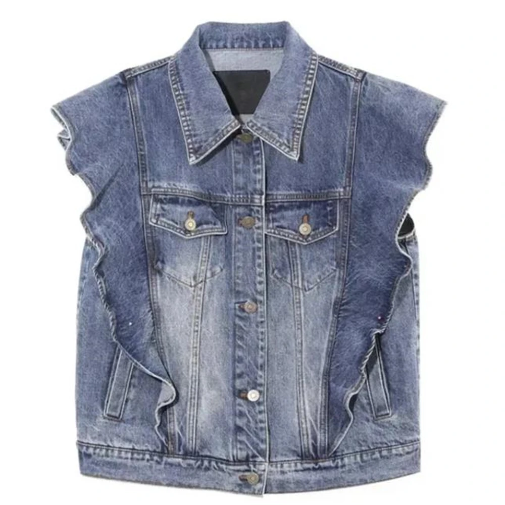 Retro Design Polo Collar Waistcoat Ruffles Edge Denim Vests Women Single-breasted Sleeveless  Jacket Female Outwear Tops Coats