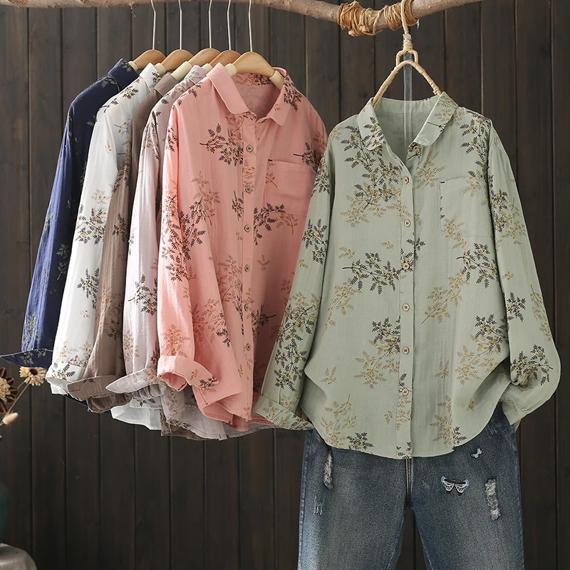 

Artistic Printed Pure Cotton Double-layer Yarn Long-sleeved Tops Women Clothing Spring Autumn Loose Casual Shirts & Blouses U007