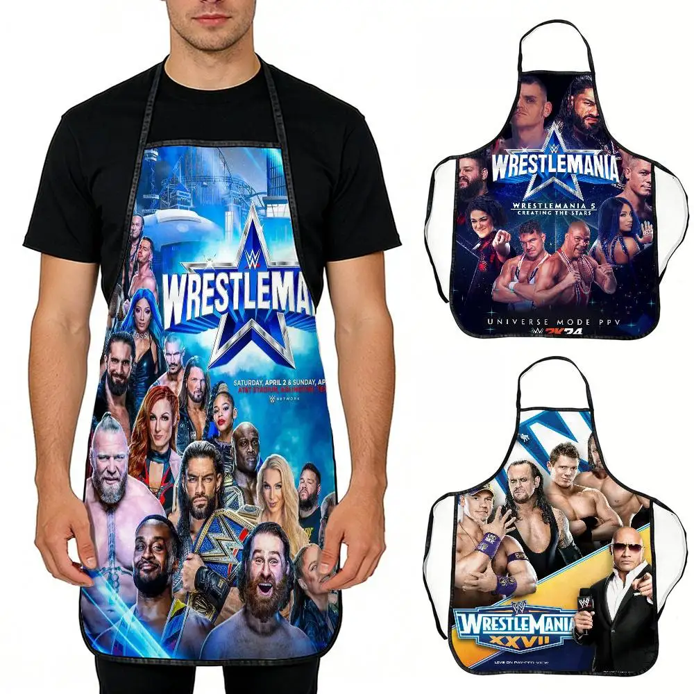 

W-WWE LOGO W-WrestleMania Apron Non-Stretch Fabric Woven Tie Back Detail Loose Fit All-Season Kitchen Apron For Men And Women