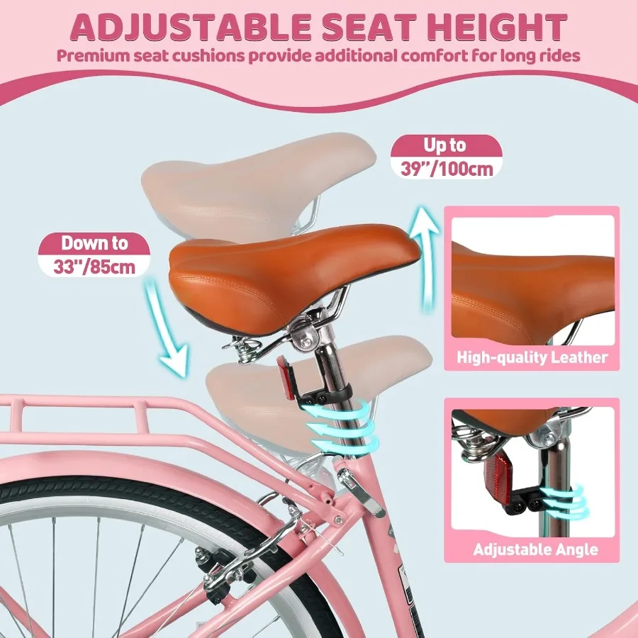 دراجة شاطئ كروزر قابلة للطي مقاس 26 بوصة للنساء مع نظام تروس 7 سرعات يتضمن سلة تخزين ورف خلفي مثالي للاتصالات الحضرية