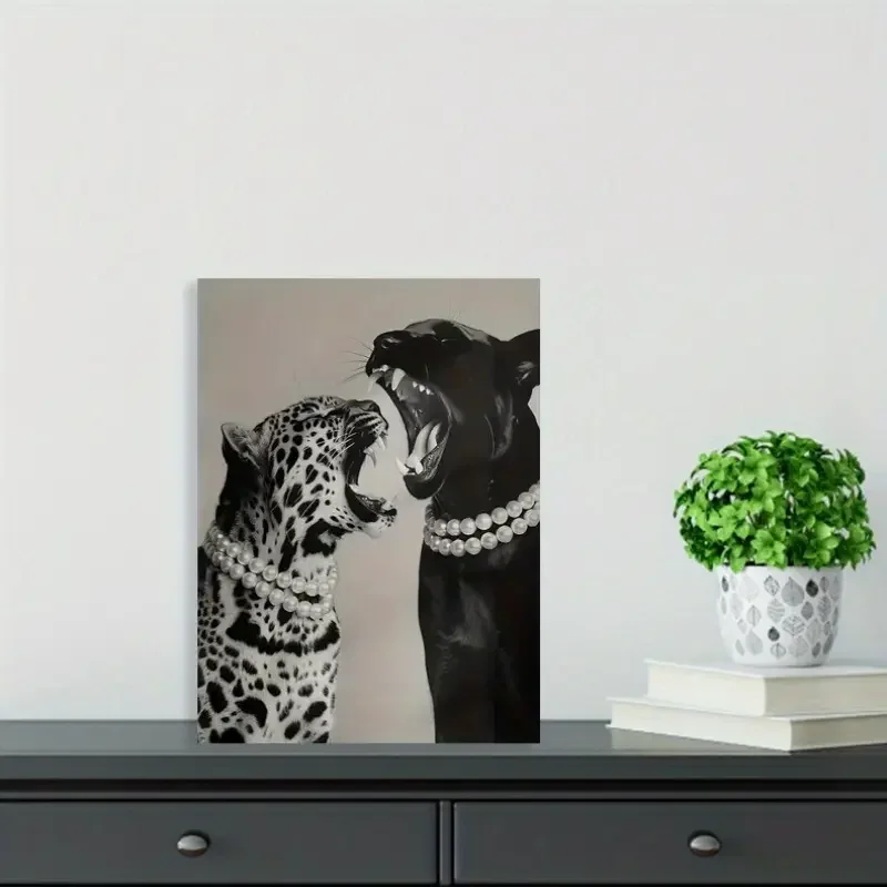 An elegant leopard impression painting - frameless classic black and white jungle aesthetic canvas, decorate the painter's home