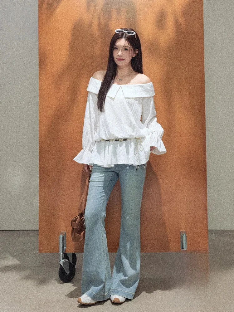 

Комплект для женщин больших размеров с эффектом похудения: модный топ с открытыми плечами и джинсы с высокой талией в корейском стиле для повседневной носки осенью