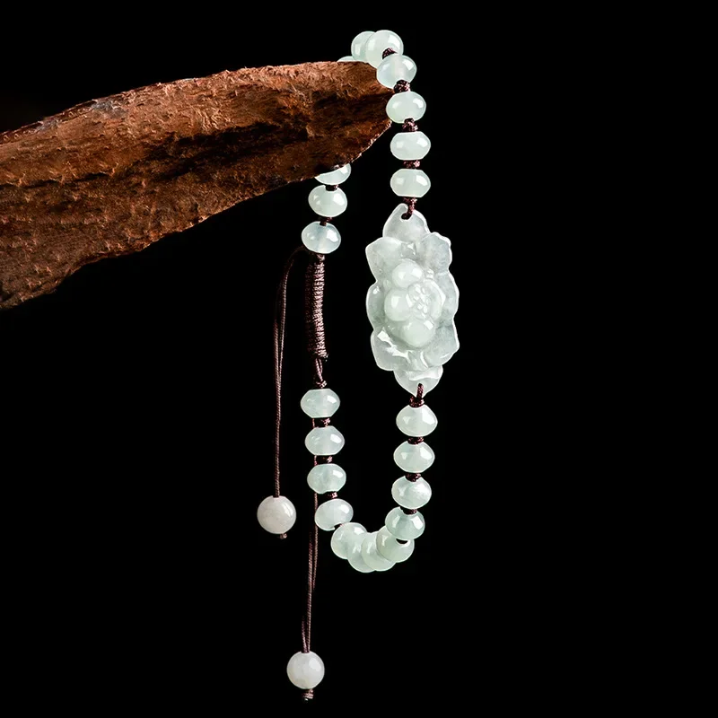 Mai Chuang/ Hand-carved/ Myanmar Natural Ice A+ Jade Lotus Abacus Bead Braided Bracelet Jade Bracelet Couple Girls Gift