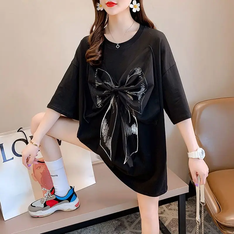 DAYIFUN Summer T-shirts Women's Lace Bow Splice Design Short Sleeved Tshirts Female Korean Loose Large Size Printed Top Tees