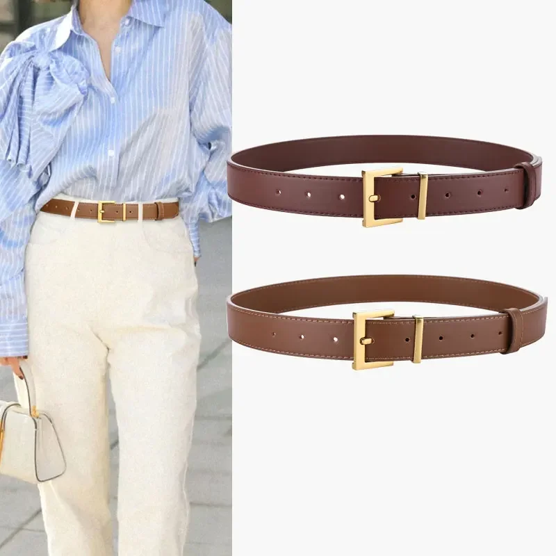 حزام جلد سويدي فاخر للسيدات كاجوال مع جينز مربع ذهبي بإبزيم حزام نسائي أنيق من جلد البقر الأسود والبني حزام عريض
