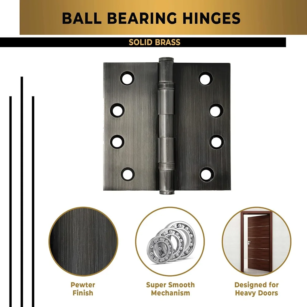 頑丈な真鍮製ボールベアリングヒンジ、4x4インチ、6個セット、磨きピューター仕上げ、長持ちするドア金具