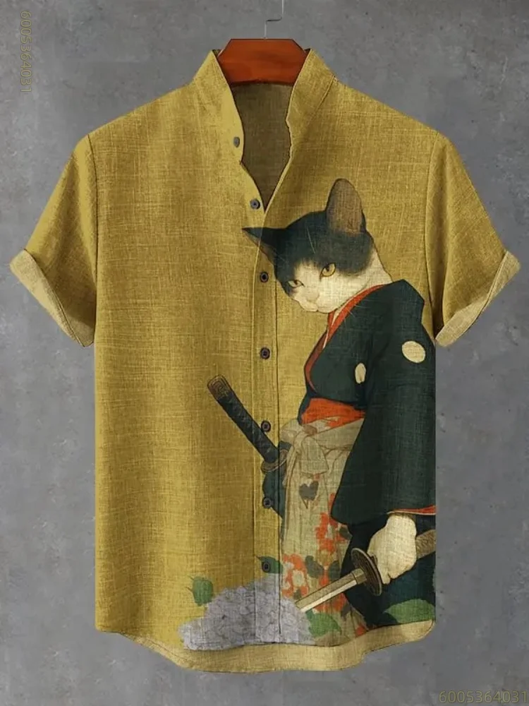 Men's Samurai Cat Print Stand Collar Short Sleeve Shirt Loose Fit Suitable for Daily Commuting, Travel, and Casual Comfort
