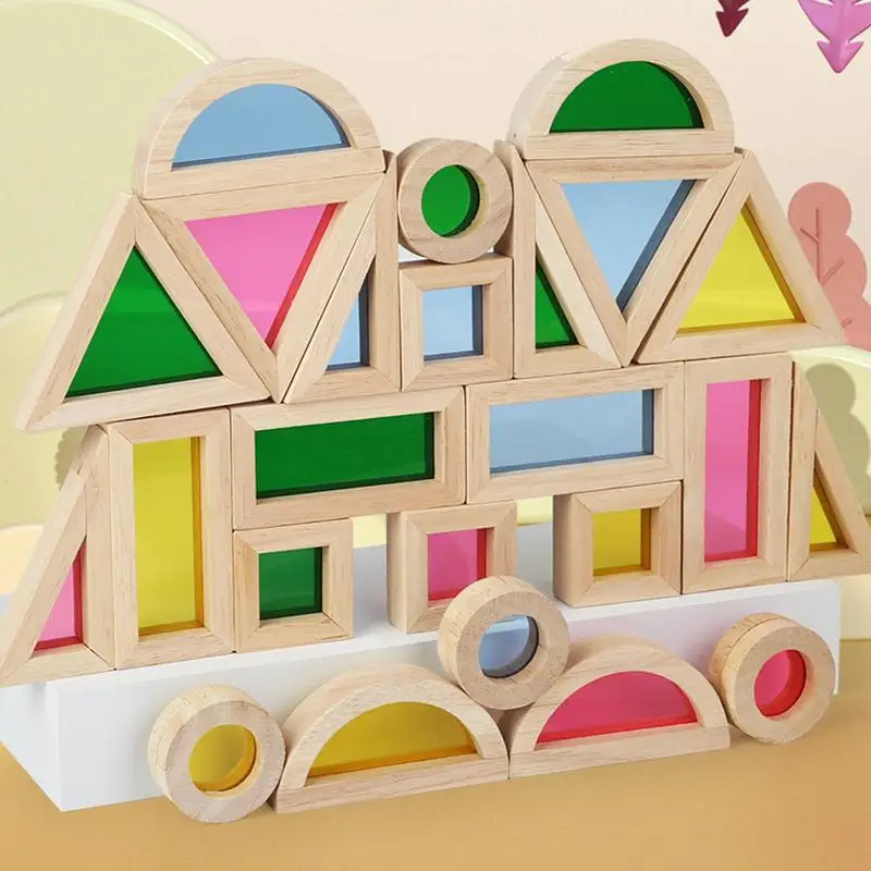 Color Blocks 24X Wooden Rainbow Stacking Toy Educational Geometric Building Blocks Interactive Preschool Learning Toys For Boys